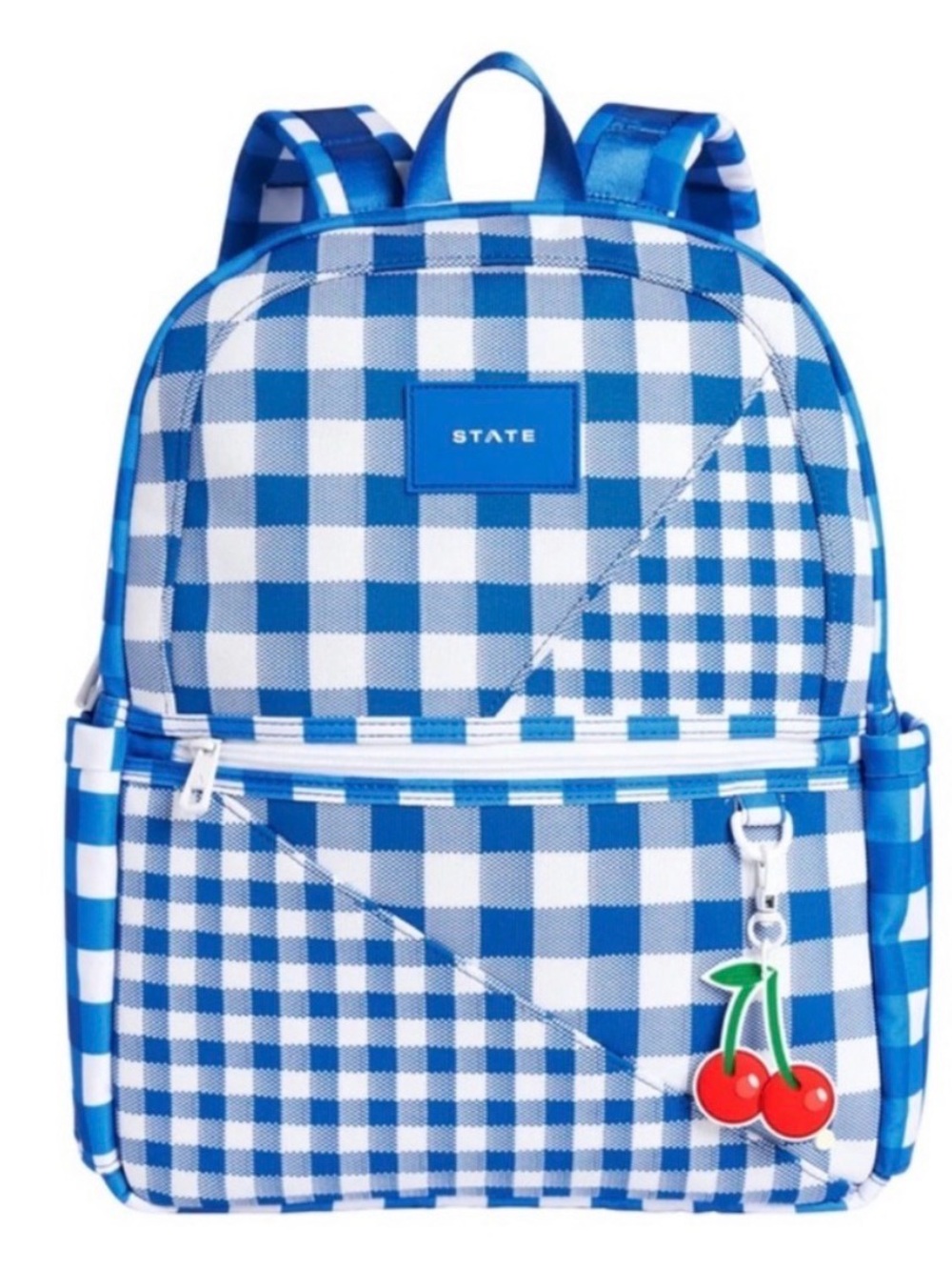 STATE Kane Kids Travel Backpack Intarsia Blue Gingham Cherry Bag Charm
